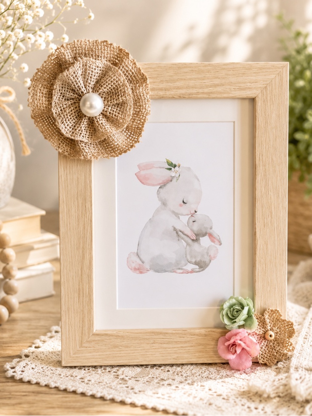 New Cute “Mother Rabbit and Bunny” in Light-Colored Wood Frame (Version C)